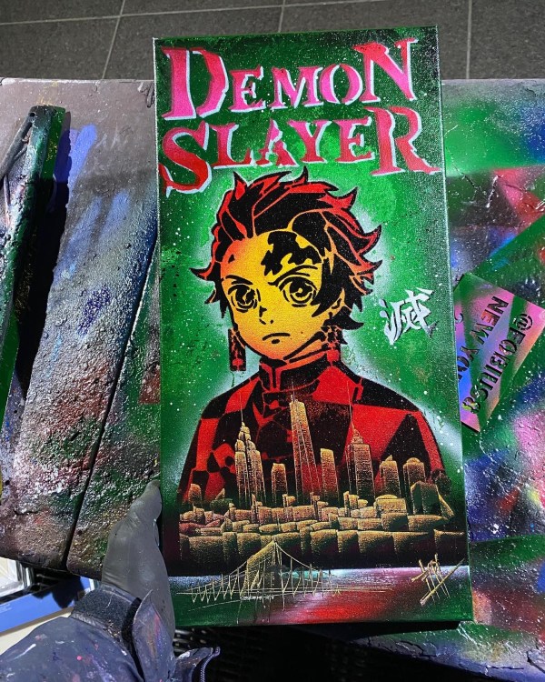 Anime portrait above a golden city skyline