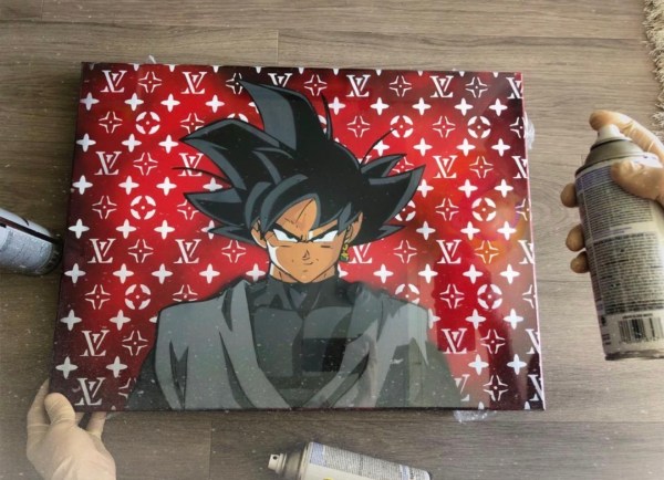 Goku portrait painted with a repeating red pattern