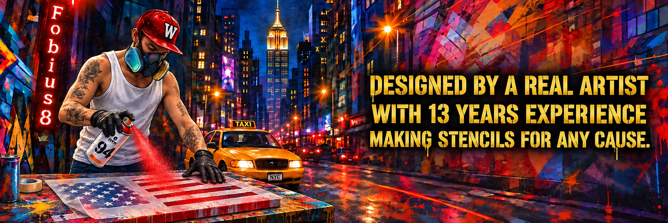 Street artist wearing a red W cap and creating colorful stencil artwork. Designed by a real artist with 13 years experience, making stencils for any cause.