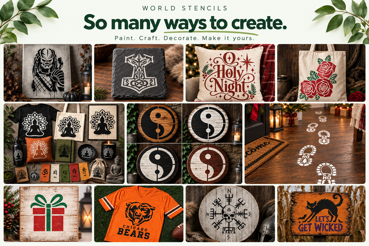 Project inspiration: stencil art on canvas, slate, cushions, tote bags, clothing, wooden signs and floors